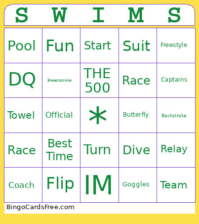 Swim Team Bingo Card