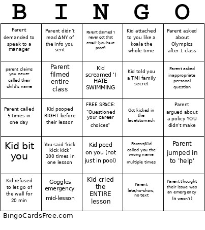 SwimRight Bingo Card