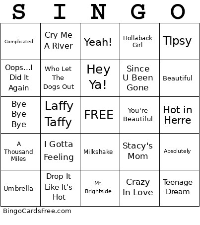 Swiss Wine SINGO - 2000's Pop Hits Bingo Card