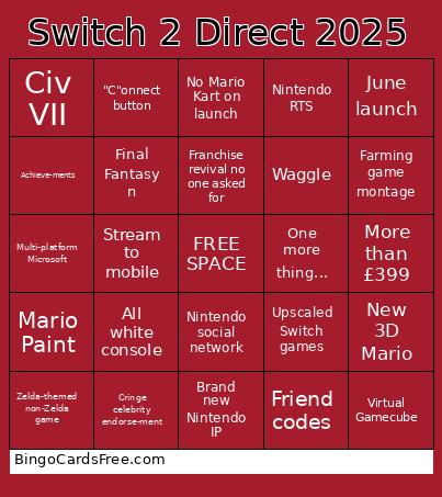 Switch 2 Direct 2025 Bingo Card