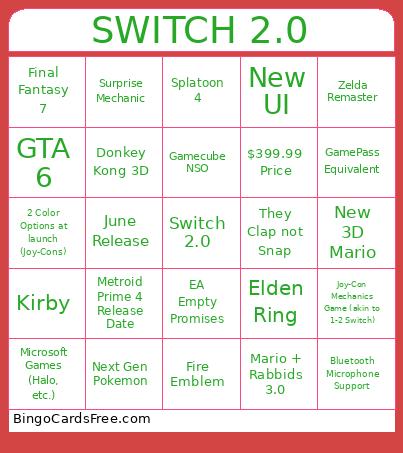 Switch 2 Direct Bingo Card 2