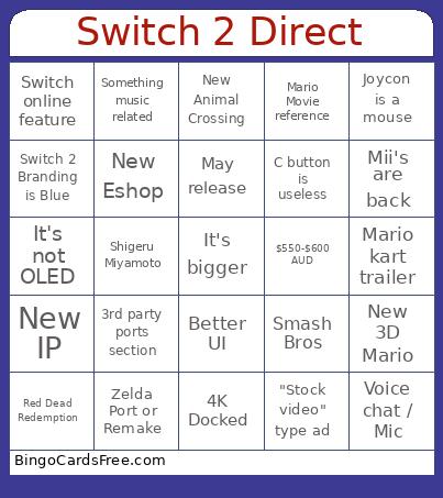 Switch 2 Direct Bingo Card 3