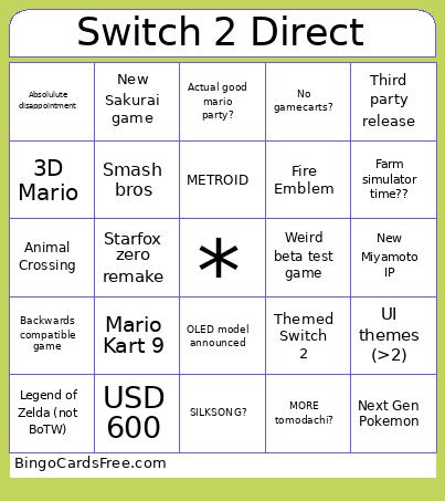 Switch 2 Direct Bingo Card 6