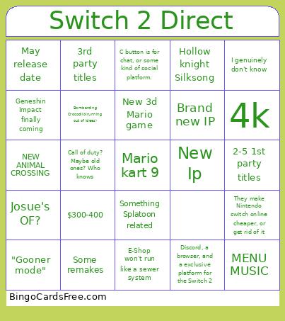 Switch 2 Direct Bingo Card 5