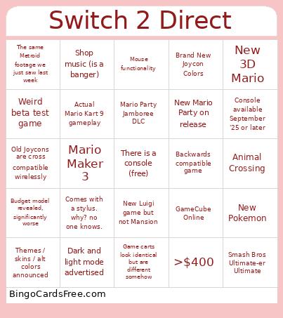 Switch 2 Direct Bingo Card