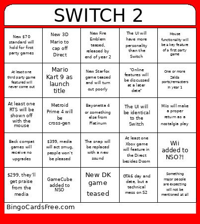Switch 2 Direct And Year 1 Bingo Card