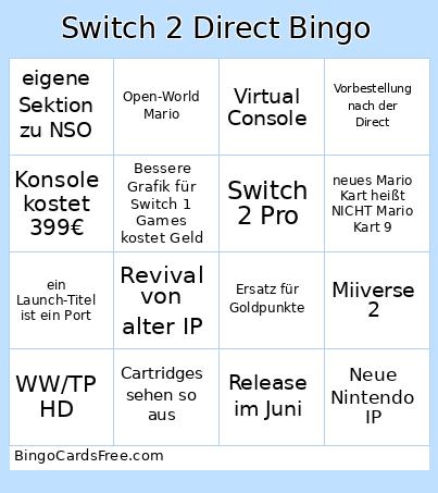 Switch 2 Direct Bingo Card