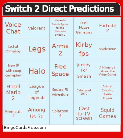 Switch 2 Direct Predictions Bingo Card 2