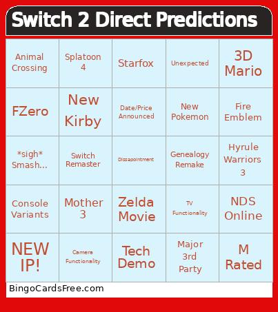 Switch 2 Direct Predictions Bingo Card