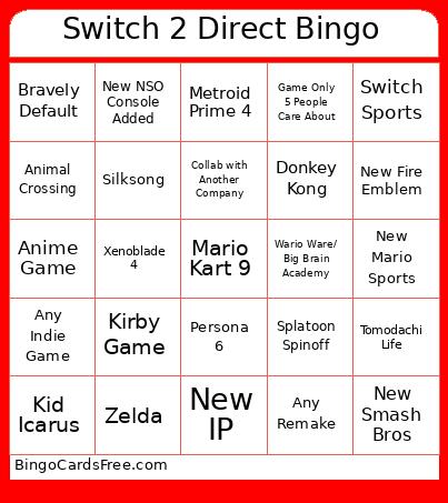 Switch 2 Nintendo Direct [Apr 2025] Bingo Card