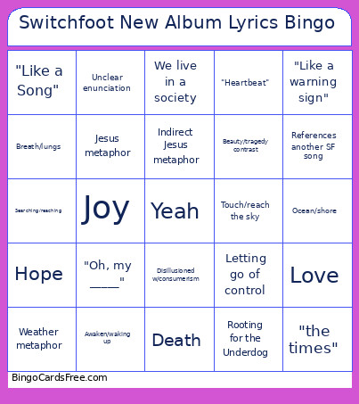 Switchfoot New Album Lyrics Bingo Card