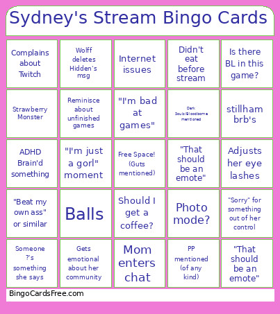 Sydney's Stream Bingo Card