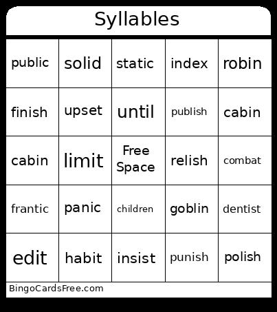 Syllables Bingo Card