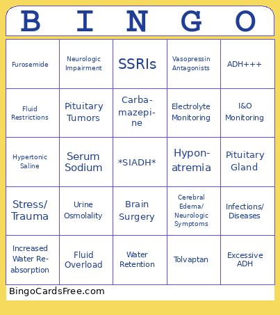 Syndrome of Inappropriate Antidiuretic Hormone Bingo Cards Free Pdf Printable Game, Title: BINGO