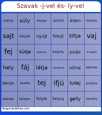 Szavak -j-vel és- Ly-vel Bingo Card 2