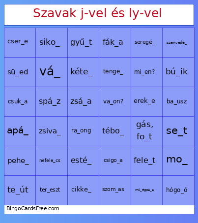 Szavak J-vel és Ly-vel Bingo Card