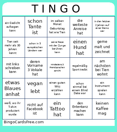 T I N G O Bingo Card