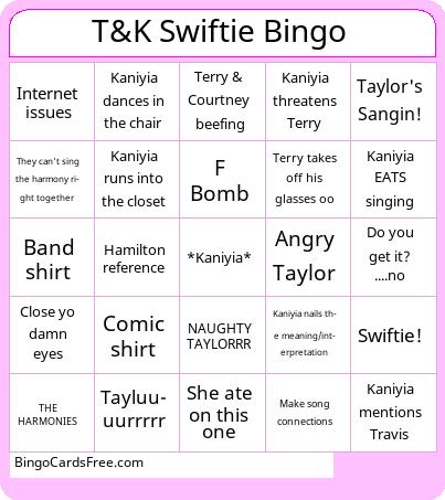 T&K Swiftie Bingo Cards Free Pdf Printable Game, Title: T&K Swiftie Bingo