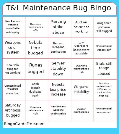 T&L Maintenance Bug Bingo Card