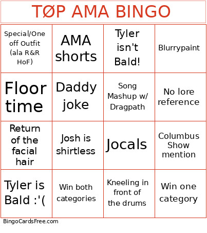 TØP AMA Bingo Card