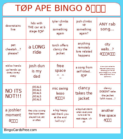Tøp Ape 👀 Bingo Card