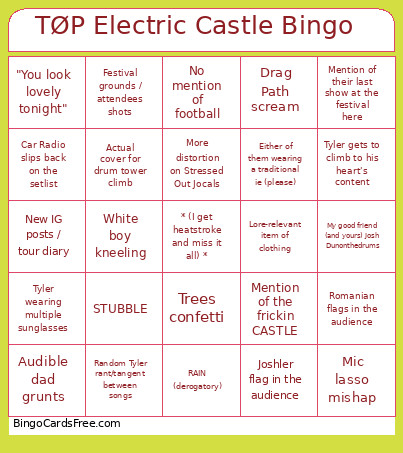 TØP Electric Castle Bingo Card