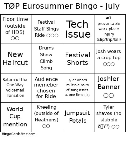 TØP Eurosummer - July Bingo Card