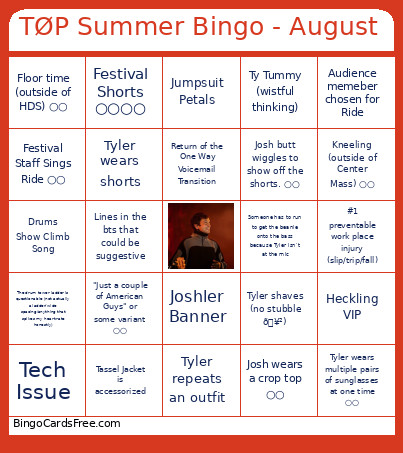 TØP Summer - August Bingo Card