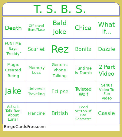 T. S. B. S. Bingo Card