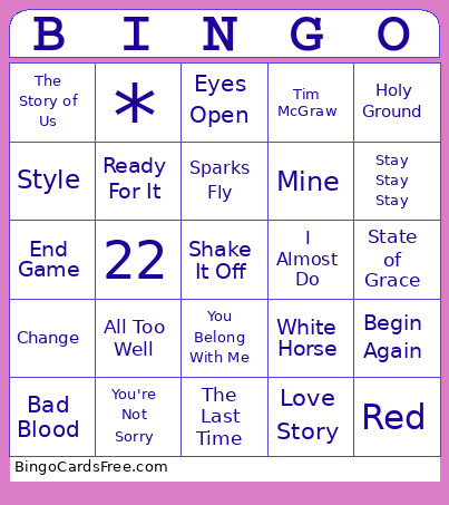 T Swift Bingo Card