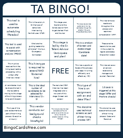 TA (with Words) Bingo Card