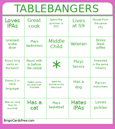 Tablebangers Bingo Card