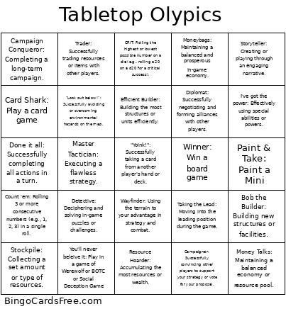 Tabletop Olypics Bingo Card