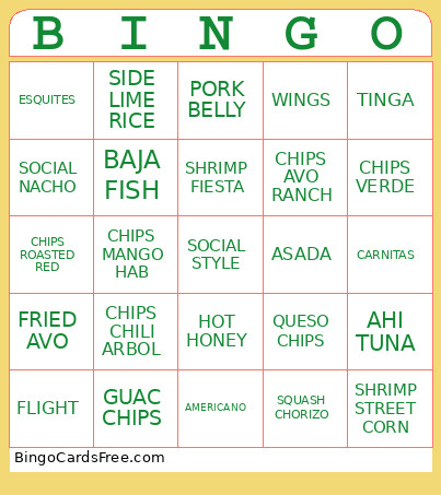 Taco Tuesday Bingo Card