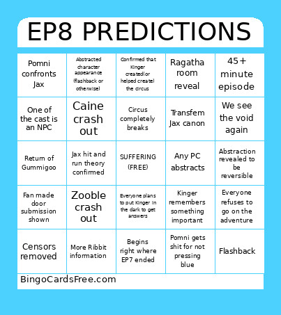 TADC EP8 Predictions Bingo Card