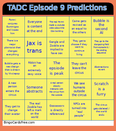TADC Episode 9 Predictions Bingo Card