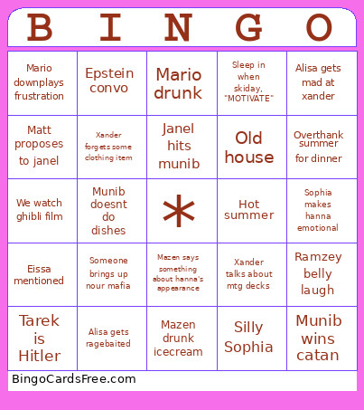 Tahoe Cousins Bingo Card