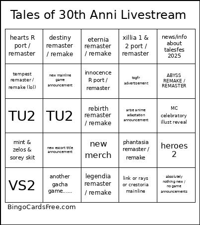 Tales Of 30th Anni Livestream Bingo Card