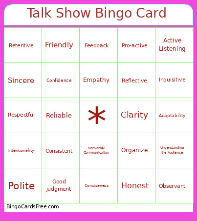 Talk Show Bingo Card 2