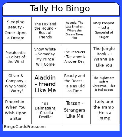 Tally Ho Disney Bingo Card