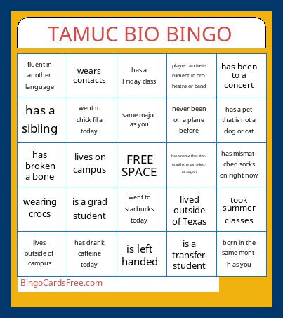 Fresher's Day Bingo Cards Free Pdf Printable Game, Title: TAMUC BIO BINGO