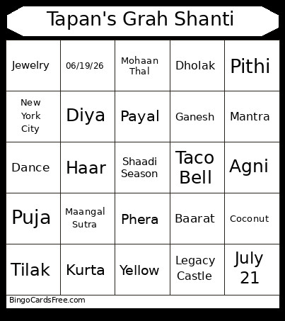 Tapan's Grah Shanti Bingo Card