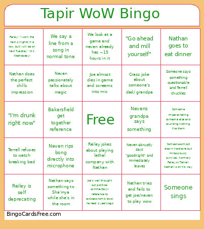 Tapir WoW Bingo Card
