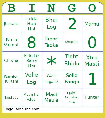 Tapori Bingo Card