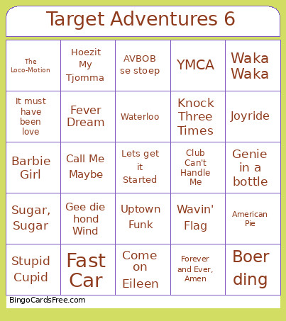 Target Adventures 6 Bingo Card