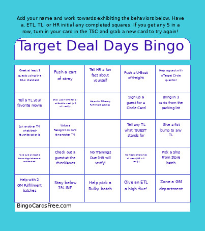 Target Deal Days Bingo Card