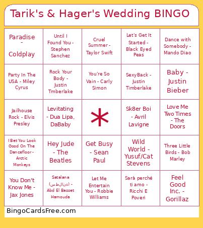 Tarik's & Hager's Wedding Bingo Card