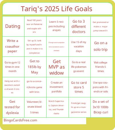 Tariq's 2025 Life Goals Bingo