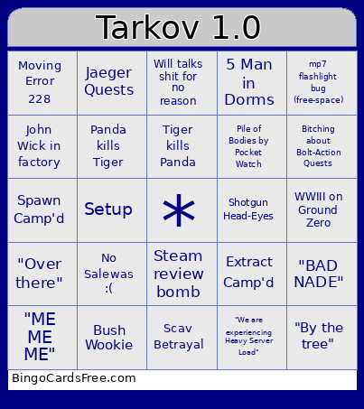 Tarkov 1.0 Bingo Card