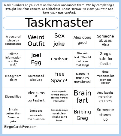 Tasmaster Ep 5 Bingo Card